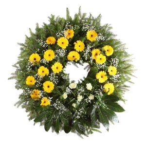 Yellow mini gerberas funeral wreath
